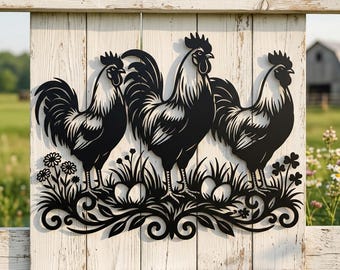 Rooster Metal Sign, Farmhouse Chicken Wall Art, Rustic Rooster Fence Decor, Farm Kitchen Sign, Chicken Coop Wall Decor Gift