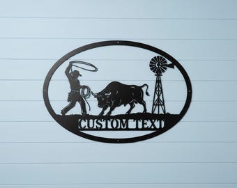Custom Metal Western Wall Art, Personalised Cowboy Lasso Bull Sign, Rustic Farmhouse Outdoor Decor, Ranch Name Sign, Cowboy Gift for Him