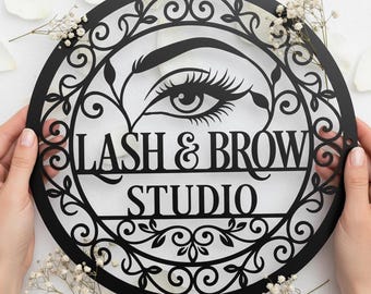 Custom Lash & Brow Studio Metal Sign | Personalized Beauty Salon Wall Decor | Eyelash Floral Round Metal Art | Esthetician Business Sign