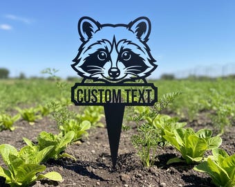 Personalized Raccoon Garden Stake,Custom Metal Name Sign, Vegetable Garden Marker, Funny Animal Yard Art, Farmhouse Outdoor Decor,Gift Ideas