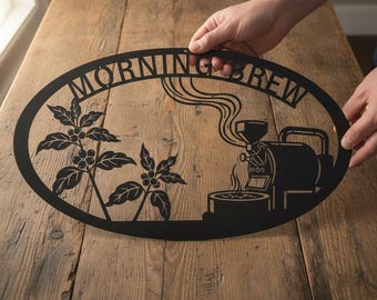 Morning Brew Metal Sign, Coffee Bar Wall Art, Coffee Roaster Bean Plant Kitchen Decor, Oval Cafe Wall Hanging, Coffee Lover Gift Idea