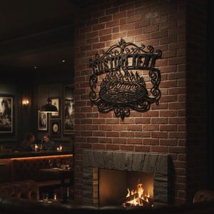 Puede incluir: Arte de pared de metal negro con el texto "CUSTOM TEXT" encima de un dise&ntilde;o de parrilla con llamas. El arte est&aacute; montado en una pared de ladrillo rojo sobre una chimenea con fuego. La escena est&aacute; ambientada en un restaurante o bar.