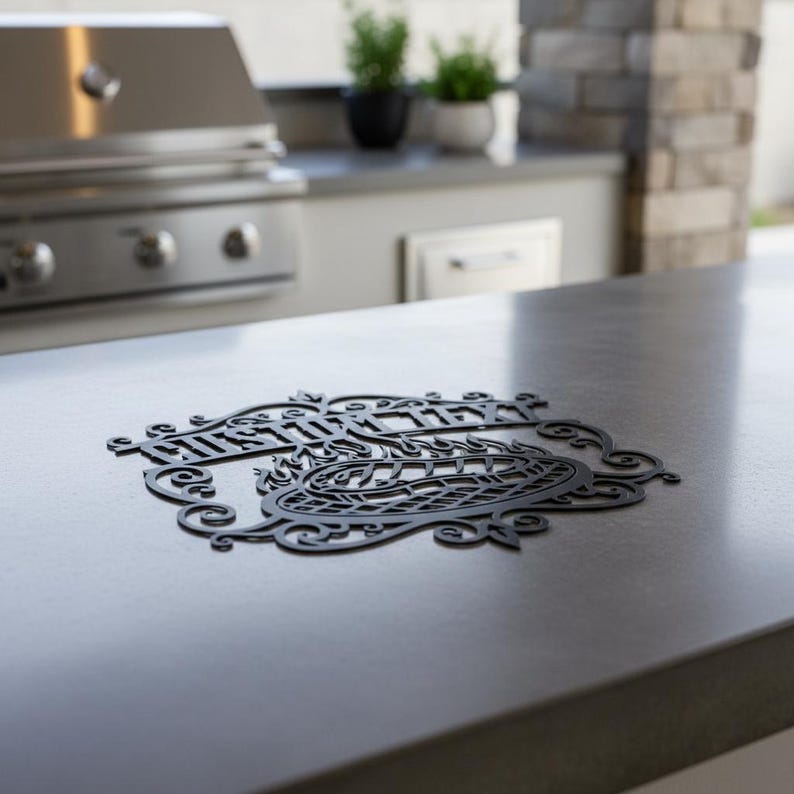Puede incluir: Letrero decorativo de metal negro con el texto "Austin Texas" en una fuente ornamentada. El letrero tiene un dise&ntilde;o calado detallado con adornos y una forma ovalada central. El letrero est&aacute; colocado sobre una encimera gris.