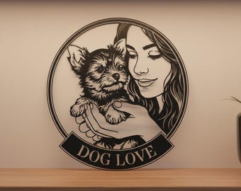 Custom Yorkie Metal Sign - Personalized Yorkshire Terrier Wall Art - Woman Holding Dog Silhouette - Dog Mom Gift - Pet Memorial Portrait