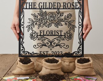 Personalized Metal Florist Sign, Custom Business Logo Wall Art, Floral Decor, Shop Sign, Name Plate, Est Date Sign, Gift for Business Owner