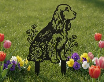 Personalized Dog Memorial Garden Stake, Custom Name Pet Loss Metal Sign, Floral Spaniel Remembrance Grave Marker, Pet Sympathy Gift Yard Art