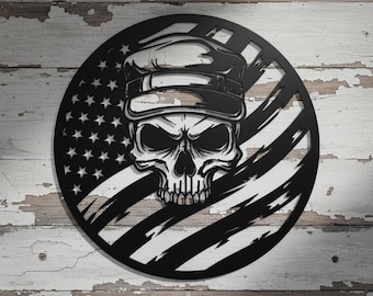 American Flag Skull Metal Wall Art, Patriotic USA Flag Decor, Tactical Skull Sign, Military Veteran Gift, Man Cave Wall Hanging