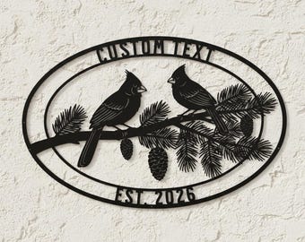 Custom Cardinal Metal Wall Art - Personalized Two Birds on Pine Branch Sign - Nature Home Decor - Established Date Gift - Bird Lover Art