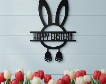 Modern "Happy Easter" Bunny Metal Sign – Outdoor Rabbit Silhouette with Paws – Minimalist Spring Fence Decor