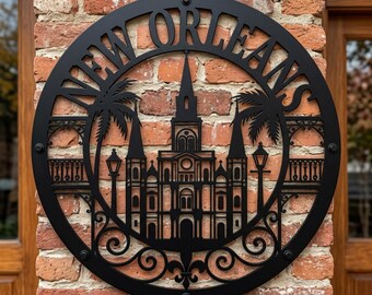 New Orleans Cathedral Metal Sign, Jackson Square Palm Balcony Wall Art, Louisiana French Quarter Decor, NOLA Travel Gift