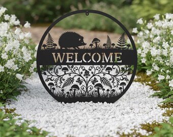 Hedgehog Metal Welcome Sign - Woodland Garden Wall Art - Outdoor Fence Decor - Cottagecore Porch Decoration - Forest Animal Gift