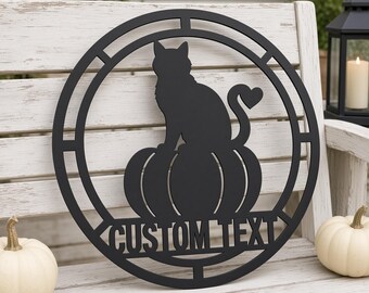 Personalized Cat Pumpkin Metal Sign, Custom Name Fall Front Door Decor, Heart Tail Cat Autumn Porch Wall Art, Cat Mom Gift