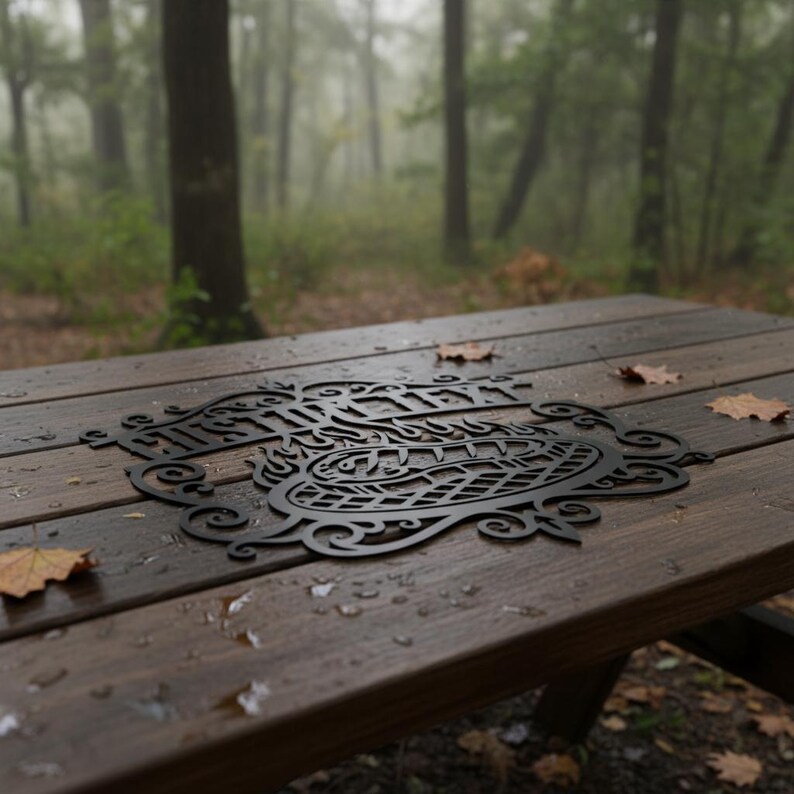 Puede incluir: Letrero de metal negro con el texto "This is us" en una fuente adornada y estilizada. El letrero presenta un dise&ntilde;o decorativo y est&aacute; colocado sobre una mesa de picnic de madera al aire libre. El fondo muestra un bosque brumoso.