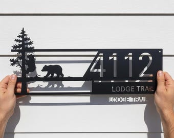 Personalized Bear Address Sign, Custom Metal House Number Plaque, Rustic Cabin Lodge Wall Decor, Pine Tree Outdoor Sign, Housewarming Gift