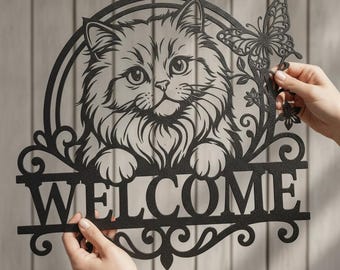 Persian Cat Welcome Sign, Metal Fluffy Cat Wall Art, Cat Butterfly Porch Decor, Front Door Sign, Cat Lover Gift