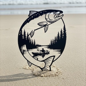 Leaping Salmon Metal Wall Art, Kayaking Landscape Fish Sign, Rustic Lake House Decor, Fisherman Nature Gift, River Silhouette Wall Hanging