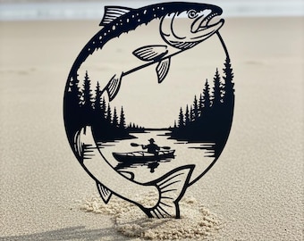 Leaping Salmon Metal Wall Art, Kayaking Landscape Fish Sign, Rustic Lake House Decor, Fisherman Nature Gift, River Silhouette Wall Hanging