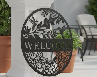 Hummingbird Welcome Sign | Metal Wall Art | Round Outdoor Decor | Garden Fence Sign | Nature Inspired Home Entry | Housewarming gift