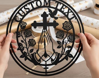 Personalized Praying Hands Cross Metal Wall Art, Custom Name Christian Rose Sign, Religious Home Decor, Faith Wall Art, Laser Cut Metal Sign