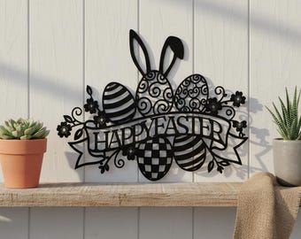 Happy Easter Metal Wall Art, Bunny Ears and Patterned Eggs Sign, Ornate Spring Home Decor, Floral Holiday Wall Hanging, Entryway Gift