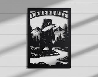Custom Bear Metal Wall Art - Personalized Grizzly Salmon Sign - Rustic Mountain Cabin Decor - Established Name Sign - Wildlife Gift Idea