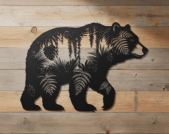 Tropical Bear Metal Wall Art - Fern & Palm Leaf Silhouette Sign - Botanical Nature Wildlife Decor - Industrial Brick Wall Hanging