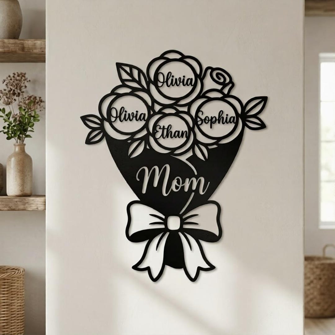 Mom Metal Sign Personalized Mom Flower Bouquet Metal Sign | Custom Kids Names Rose ...