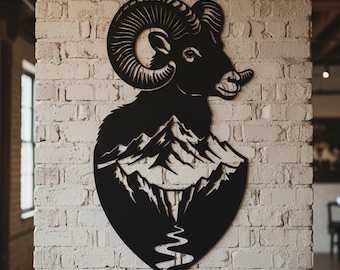 Mountain Ram Metal Wall Art, Bighorn Sheep Landscape Sign, Rustic Mountain Valley Decor, Alpine Wildlife Silhouette, Lodge Wall Hanging Gift