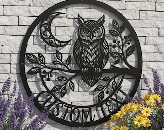 Personalized Owl Wall Art, Custom Name Metal Sign, Outdoor Porch Decor, Owl Lover Gift,Round Metal Decor, Housewarming Gift, Garden Wall Art