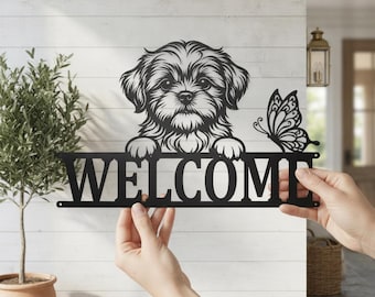 Shih Tzu Welcome Sign, Metal Puppy Wall Art, Fluffy Dog Porch Decor, Front Door Welcome Sign, Dog Lover Gift