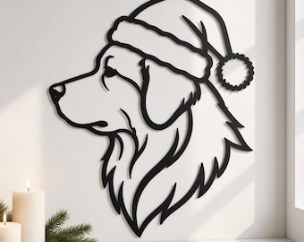 Golden Retriever Christmas Metal Sign, Santa Hat Dog Line Art Wall Decor, Minimalist Holiday Art, Gift for Dog Mom Owner