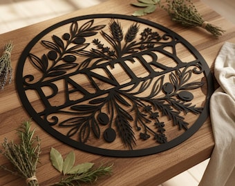 Pantry Metal Sign | Laser Cut Olive Branch Wheat Kitchen Wall Art | Farmhouse Pantry Door Sign | Boho Kitchen Decor