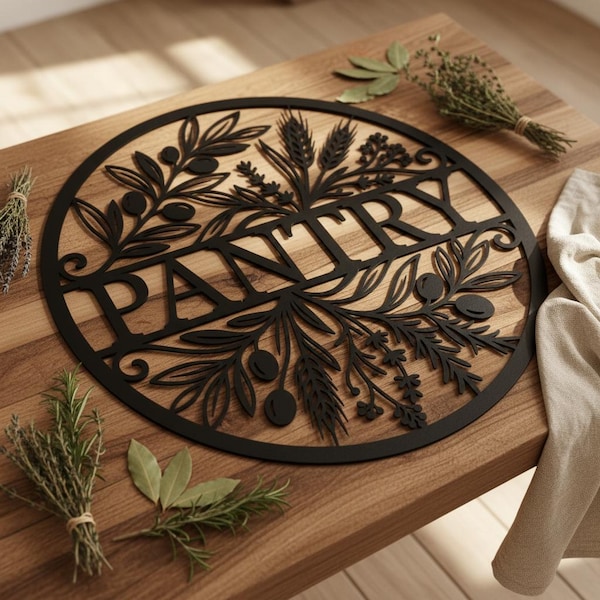 Pantry Metal Sign | Laser Cut Olive Branch Wheat Kitchen Wall Art | Farmhouse Pantry Door Sign | Boho Kitchen Decor