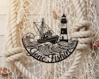 Custom Lighthouse Metal Wall Art - Personalized Fishing Boat Sign - Nautical Beach House Decor - Gone Fishing Wall Art - Sailor Gift Idea