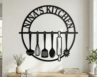 Personalized Kitchen Metal Sign | Custom Name Round Utensil Wall Art | Chef Cook Decor | Housewarming Gift for Her | Baker Poison
