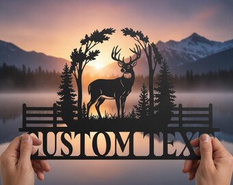 Personalized Deer Metal Sign, Custom Name Buck Pine Tree Cabin Wall Decor, Hunting Lodge Outdoor Art, Gift for Hunter Dad