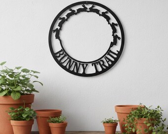 Bunny Trail Metal Garden Sign - Hopping Rabbit Silhouette Wall Art - Spring Moss Garden Decor - Easter Nature Path Hanging - Animal Gift