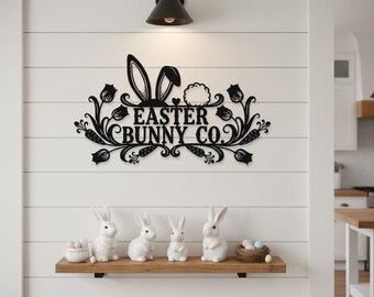 Easter Bunny Co Metal Wall Art, Bunny Ears and Tail Spring Sign, Personalized Carrots and Tulips Decor, Festive Farmhouse Easter Gift