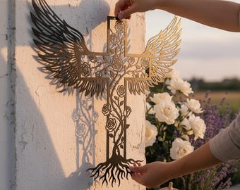 Angel Wings Cross Metal Wall Art, Laser Cut Rose Cross with Roots Home Decor, Religious Memorial Gift, Christian Sign