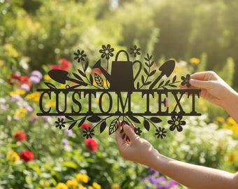Personalized Garden Metal Sign, Custom Name Watering Can Trowel Floral Wall Decor, Outdoor Yard Art, Gift for Gardener Mom