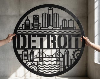 Detroit Skyline Metal Sign, Motor City Bridge Gear Cityscape Wall Art, Michigan Home Decor, Housewarming Gift for Detroiters