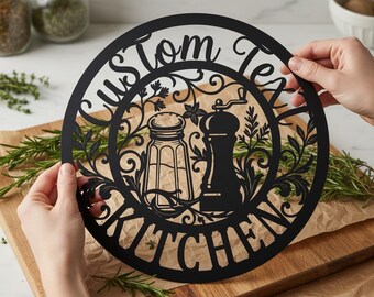 Custom Kitchen Metal Sign, Personalized Kitchen Name Wall Art, Salt Pepper Herb Decor, Custom Family Kitchen Sign, Housewarming Gift