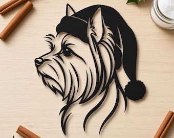 Yorkshire Terrier Christmas Metal Sign, Santa Hat Yorkie Line Art Wall Decor, Minimalist Holiday Art, Gift for Dog Mom