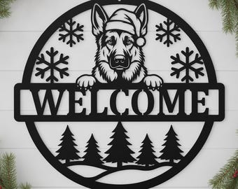 German Shepherd Christmas Welcome Metal Sign, Santa Hat Dog Snowflake Pine Door Decor, Holiday Porch Art, Dog Lover Gift