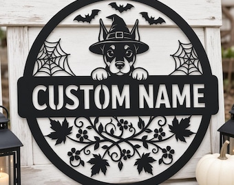 Personalized Halloween Dog Metal Sign, Custom Name Witch Hat Puppy Door Hanger, Bat Spider Web Fall Wall Decor, Porch Gift