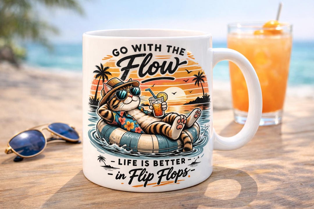 Go With the Flow Cat Mug – Tropical Beach Sunset Drinkware (11oz ...