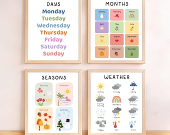 Dagen van de week en maanden poster afdrukbaar, seizoens- en weerkaart voor kinderen, voorschoolse leerkaarten, decor voor peuterklas