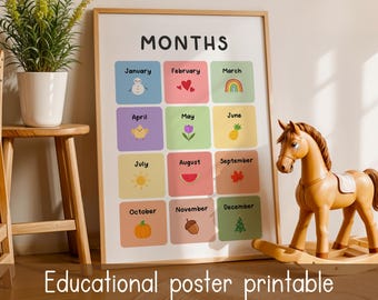 Maanden van het jaar grafiek afdrukbaar voor kinderen, poster voorschoolse leren, klasdecor, kleuterschoolkalender, educatieve kunst aan de muur