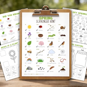 May include: A wooden clipboard holds several printed activity sheets. The main sheet is a "Spring Scavenger Hunt" with illustrations of a sun, ladybug, flower, and other spring-themed items. Additional sheets include a "Did You Know" section and a "Needs of a Plant" activity.