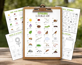 Voorjaarsactiviteitenbundel voor kinderen afdrukbaar, speurtocht, I Spy-spel, werkbladen voorschoolse activiteiten, natuuractiviteiten in de buitenlucht, pdf-download